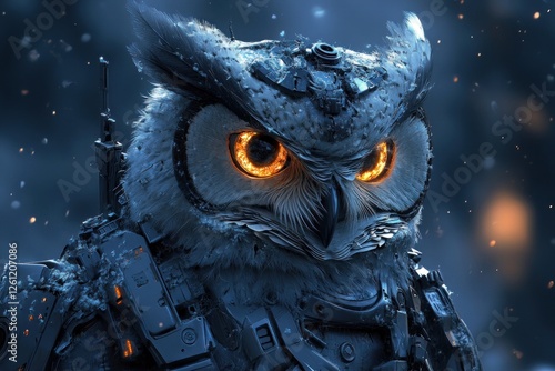 A mech-inspired owl stands in a dark, futuristic setting, showcasing intricate armor and vivid glowing eyes that suggest advanced technology photo