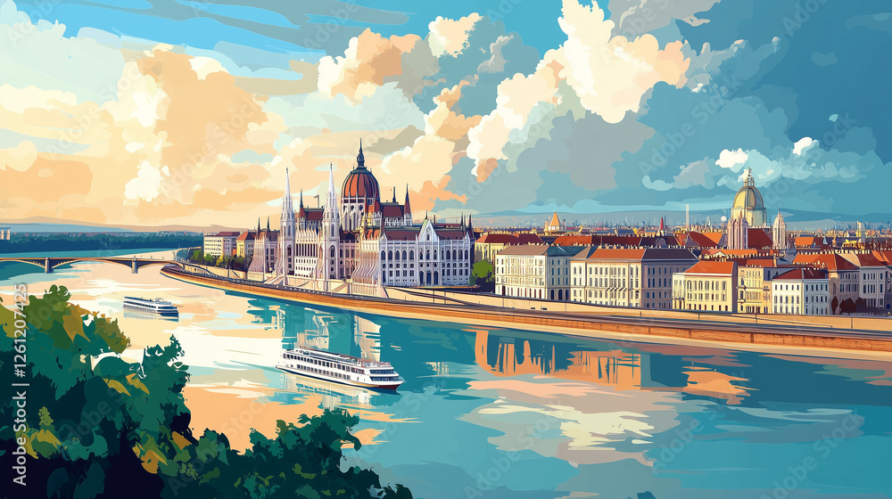 Obraz premium Illustration, Cityscape of Budapest the capital city in Hongary, italy , touristic advertisement poster. Beautiful eastern europe, view on house of famous parliament building. Must-see tourist spot