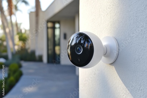 Smart home security camera installed on the wall offers a sleek design while enhancing outdoor surveillance at a residential property photo