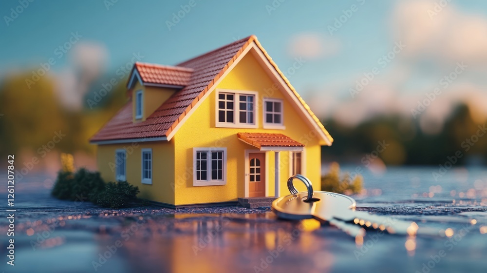 Miniature yellow house with key, real estate, garden background, sunrise