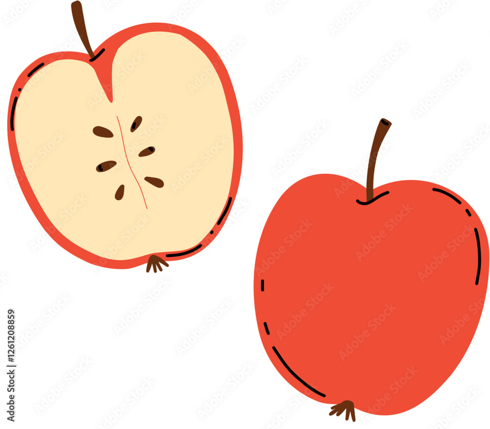 Fototapeta premium Juicy red apple, whole and sliced. Pictures on a plain white background are a useful fruit. A doodle-style sticker