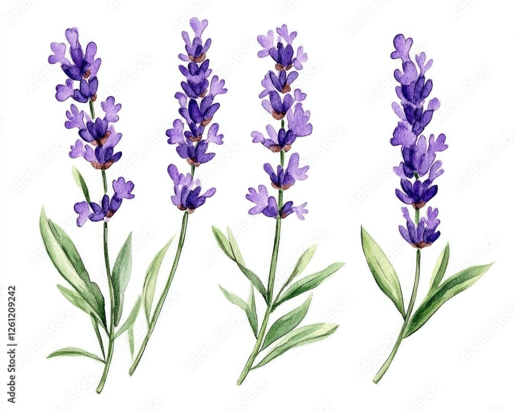 Fototapeta premium Charming Watercolor Lavender Floral Illustration: Hand-Painted Lavandula Blooms in Nature-Inspired Design