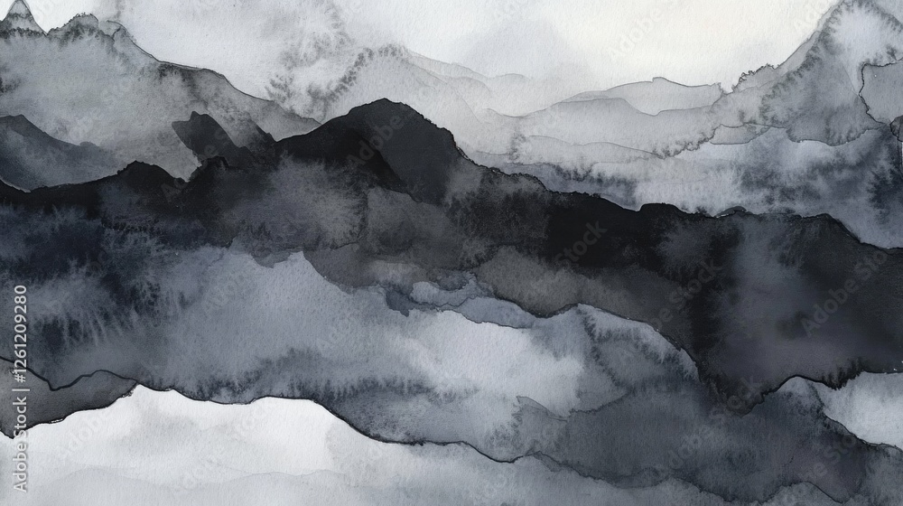 Monochromatic Mountainscape Watercolor Painting, Abstract Art Background Monochromatic Mountainscape Watercolor Painting, Abstract Art Background