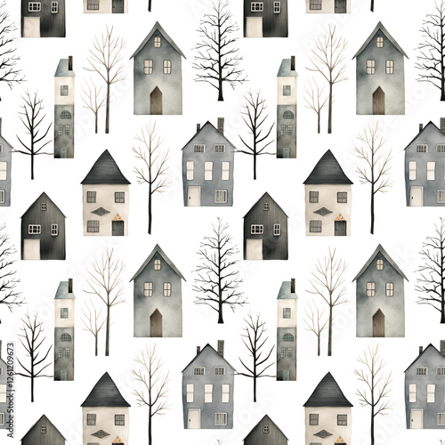 Wallpaper Mural set of watercolor seamless patterns on a white background, town, trees autumn spring winter forest and garden fir trees  Torontodigital.ca