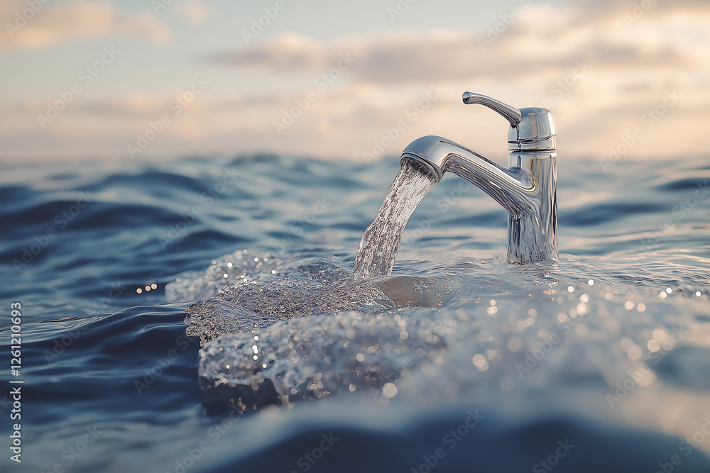 Fototapeta premium Water tap, mixer from which a stream of water flows into the ocean. World Water Day concept. Place for text. Benefits of drinking clean water. Drinking water shortage concept.