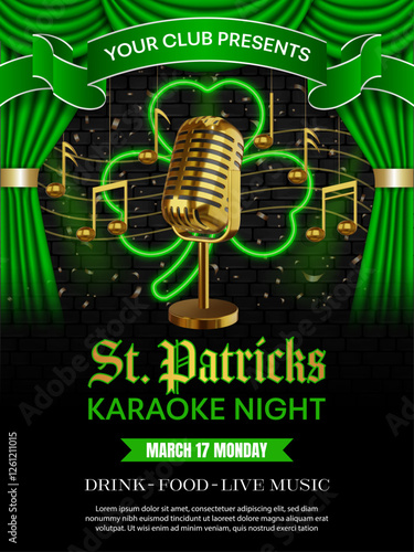 st. patrick's karaoke night poster with gold vintage mic, gold musical notes and neon shamrock