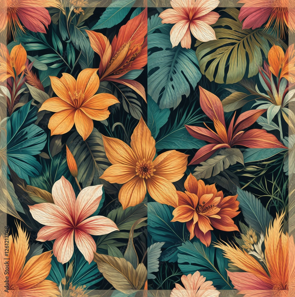 Hawaiian flowers. Oil painting. Pattern for printing on wall decorations, covers, leaflets, business cards Hawaiian flowers. Oil painting. Pattern for printing on wall decorations, covers, leaflets, business cards