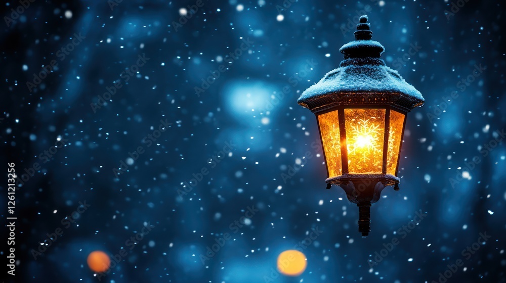 Winter night lamp glows in snowfall Winter night lamp glows in snowfall