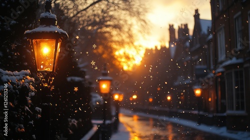 Snowy winter street lanterns at sunset photo