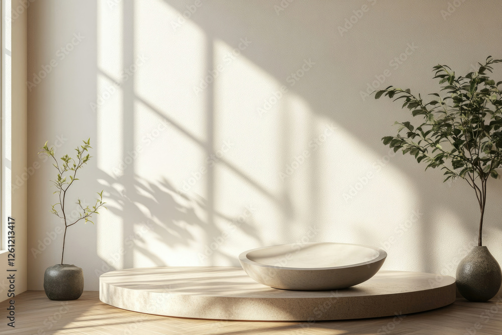 Minimalist scene with a beige bowl on a wooden platform, illuminated by sunlight filtering through a window, accented by small potted plants. Minimalist scene with a beige bowl on a wooden platform, illuminated by sunlight filtering through a window, accented by small potted plants.