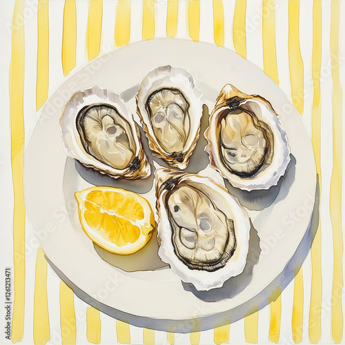 Watercolor illustration of fresh oysters with a lemon wedge on a white plate, set against a yellow and white striped background