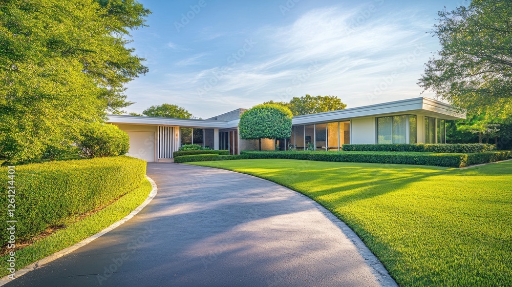 Obraz premium Serene mid-century modern home with manicured lawn and circular driveway