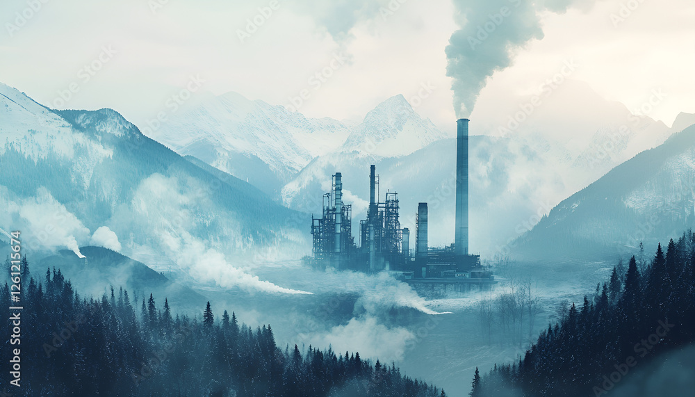 Fototapeta premium Environmental pollution. Mountain landscape and industrial factory with emissions, double exposure