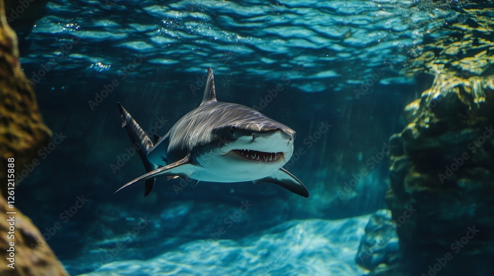Fototapeta premium Ocean shark bottom view from below. Open toothy dangerous mouth with many teeth. Underwater blue sea waves clear water shark swims forward