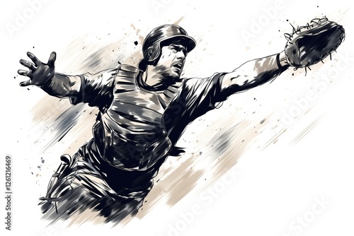 A skilled baseball catcher leaps forward with his glove extended, aiming to catch a flying ball during a lively game in a park on a sunny afternoon. The excitement is palpable.