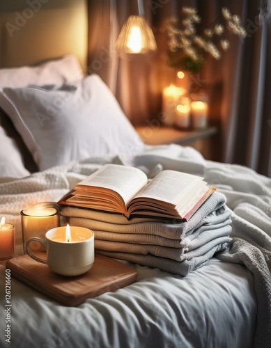 A neatly folded set of soft cotton pajamas on a bed, next to a cup of chamomile tea, an open book, and a glowing candle, creating a perfect nighttime relaxation setting.