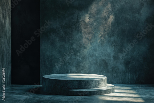 A two-tiered stone podium sits in a dark, textured room, bathed in a single shaft of light. photo