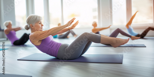 An elderly woman exercising, doing yoga or pilates on a mat at home. Active aging, physical exercise, health, and lifestyle.