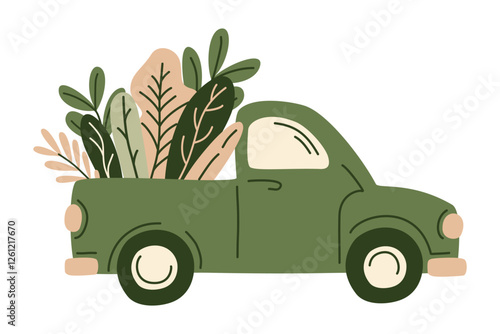 Retro farm pickup truck with fresh grocery products from farmer market or supermarket . Organic fresh vegetables in the car for eco-friendly design of food delivery, Vector illustration in flat style.