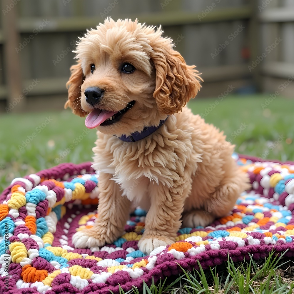 A cute dog sitting on a crocheted blanket. A cute dog sitting on a crocheted blanket.
