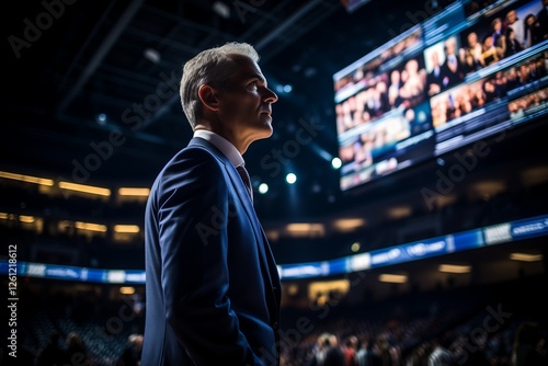 A business professional in a suit looks thoughtfully towards a bustling crowd at a major event held in an arena. Bright screens display information in the background.