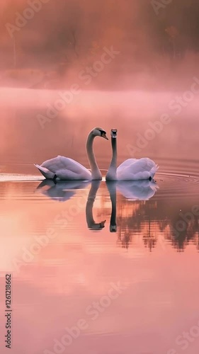 Romantic Sunrise Two Swans Gracefully Swim on Tranquil Lake, Reflections Mirrored in Serene Water, Surrounded by Soft Pink Mist, Capturing Natures Beauty