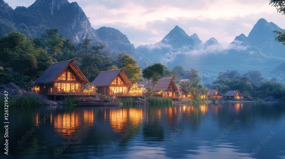 Fototapeta premium Mountain Lake Cabins at Dusk, Peaceful Scene