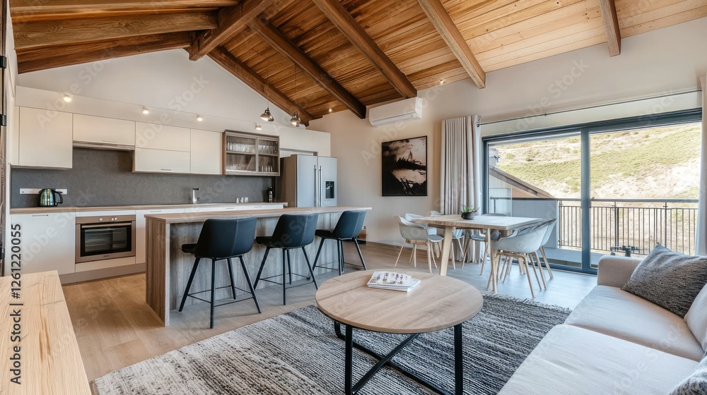 Fototapeta premium Modern Mountain Apartment Interior Design with Wooden Beams