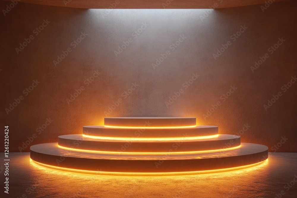 Obraz premium Illuminated circular platform with three tiers, set against a textured wall, creating a minimalist, modern display.