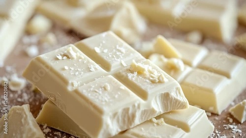 Creamy White Chocolate Bars with Smooth Texture and Shavings An Indulgent Dessert Treat Close Up, Highlighting Rich, Creamy Appearance of Chocolate