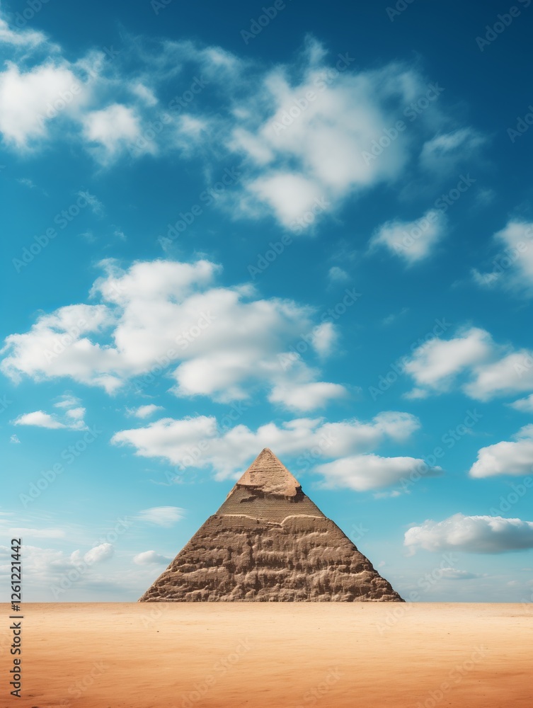 A massive pyramid structure dominates the barren desert landscape under a clear blue sky. A massive pyramid structure dominates the barren desert landscape under a clear blue sky.