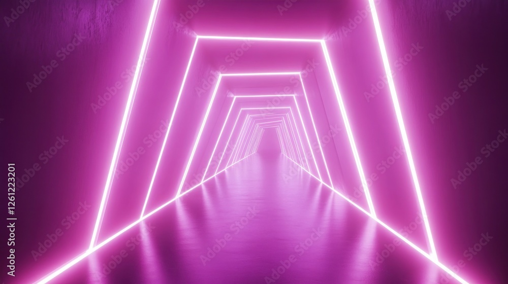 Fototapeta premium Pink neon tunnel, futuristic pathway, abstract background, digital art, ideal for sci-fi design