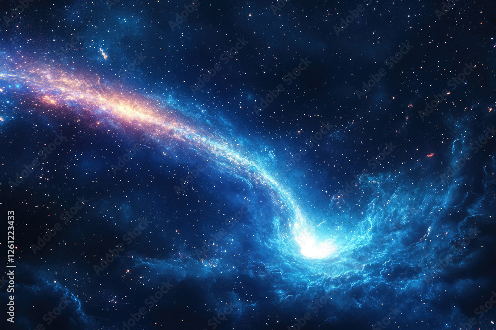 Fototapeta premium A swirling nebula of vibrant blues and oranges in deep space, stars scattered across the vast expanse.