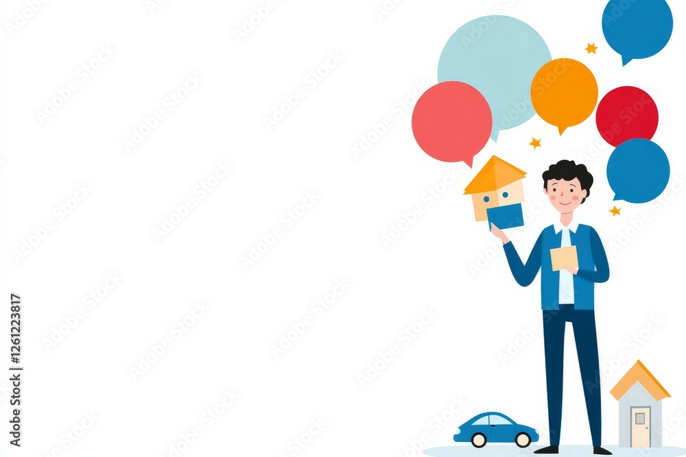 Illustration of a real estate agent holding a house model with speech bubbles symbolizing communication, real estate business, and property consulting. Illustration of a real estate agent holding a house model with speech bubbles symbolizing communication, real estate business, and property consulting.