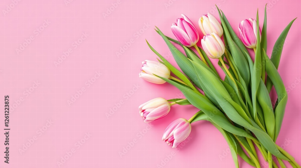 Obraz premium flat lay of pink and white tulips on a pink background, copy space on the left