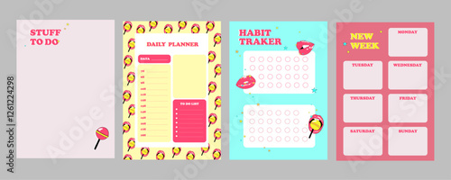 Collection of weekly or daily planner, habit tracker decorated by cute lips and lollipop. Trendy scheduler or organizer. Flat vector design