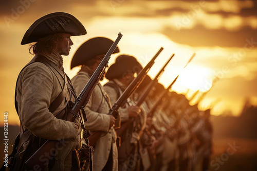 line of historical soldiers in uniform with muskets at sunset
