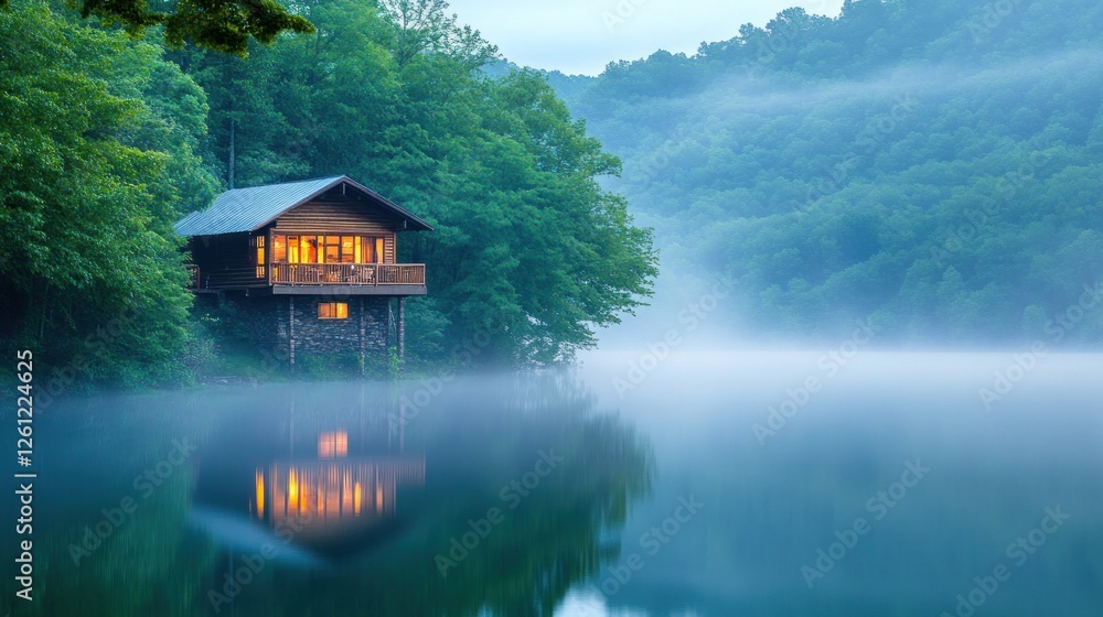 Fototapeta premium Serene Lakeside Cabin Nestled Amongst Misty Mountains