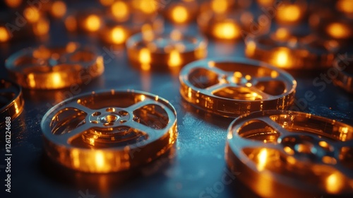 Wallpaper Mural Golden film reels glow, scattered on dark surface, bokeh background, movie industry Torontodigital.ca