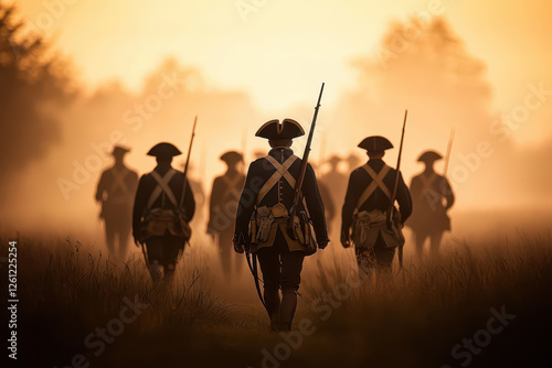 Soldiers in historical uniforms march through misty field at sunrise