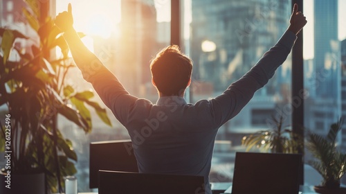 Man Celebrating Success with Raised Arms at Sunrise in Modern Office Overlooking City Skyline photo