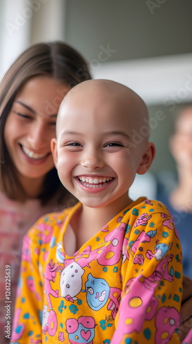 Bald is beautiful, joyful child laughing, bald from chemotherapy, wearing a bright-colored outfit, surrounded by supportive family photo