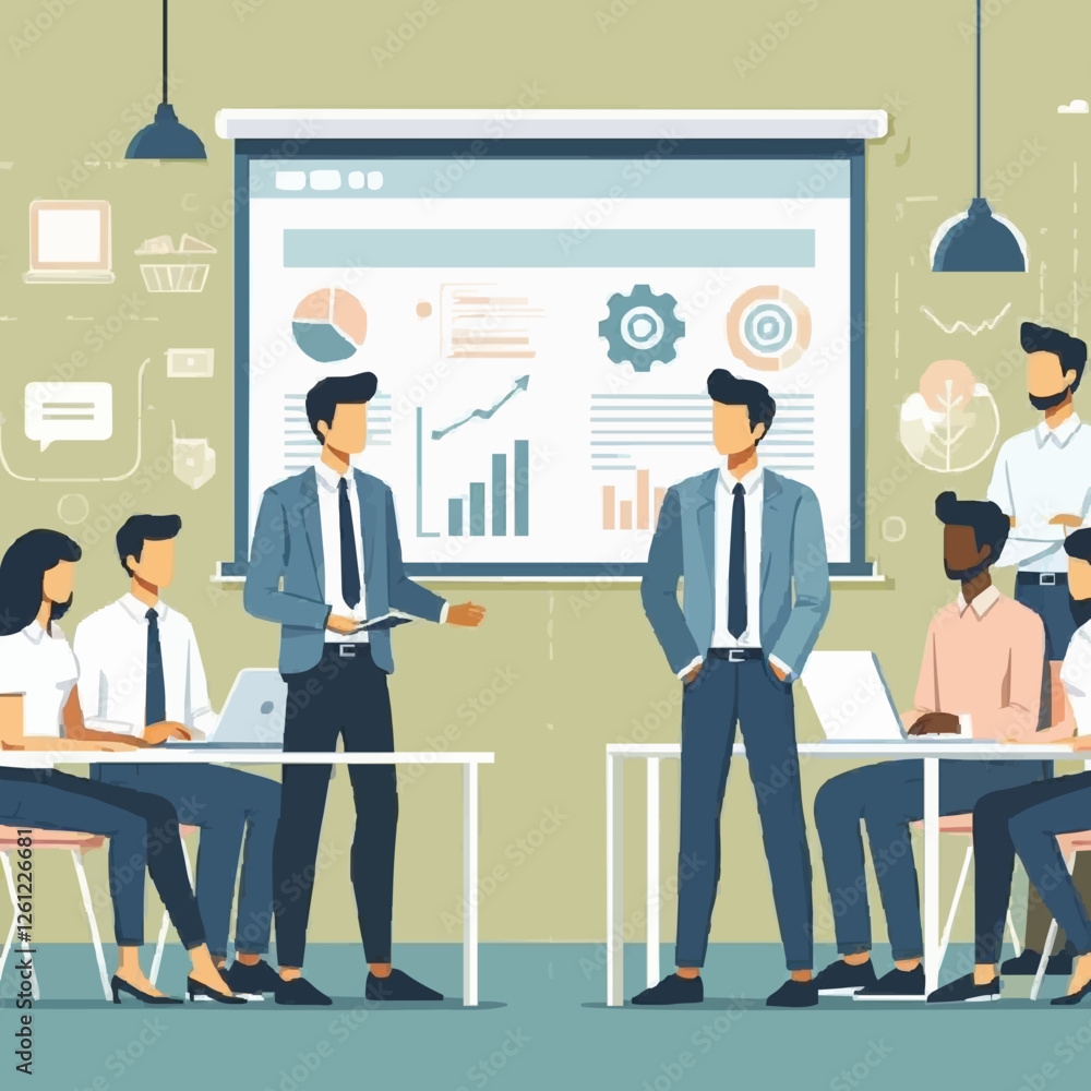 Business team presenting data analysis to colleagues during a meeting in a modern office Business team presenting data analysis to colleagues during a meeting in a modern office
