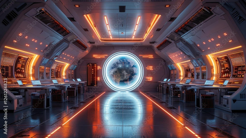 Fototapeta premium Futuristic spaceship interior with Earth view.