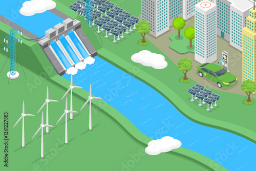 3D Isometric Flat Vector Illustration of Sustainable Energy Generation, Sustainable Resources For Modern Energy Technologies