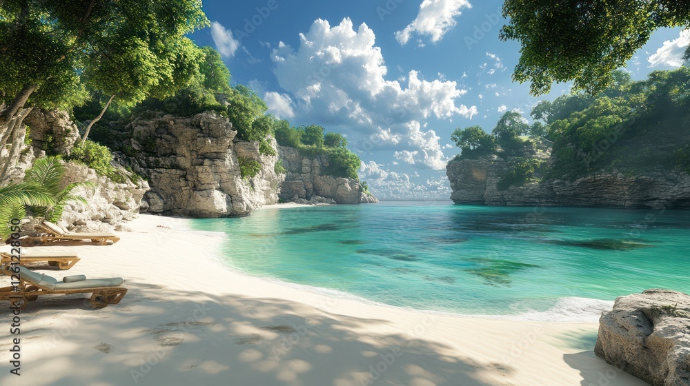 Fototapeta premium Secluded beach cove, turquoise water, sunny day, lush foliage, relaxation