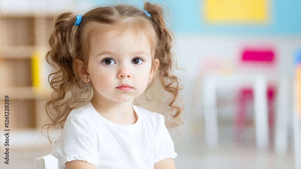 Serious toddler girl in preschool classroom Serious toddler girl in preschool classroom