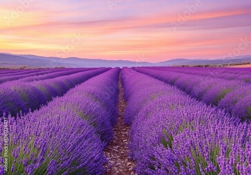 A field of lavender flowers with a beautiful sunset in the background