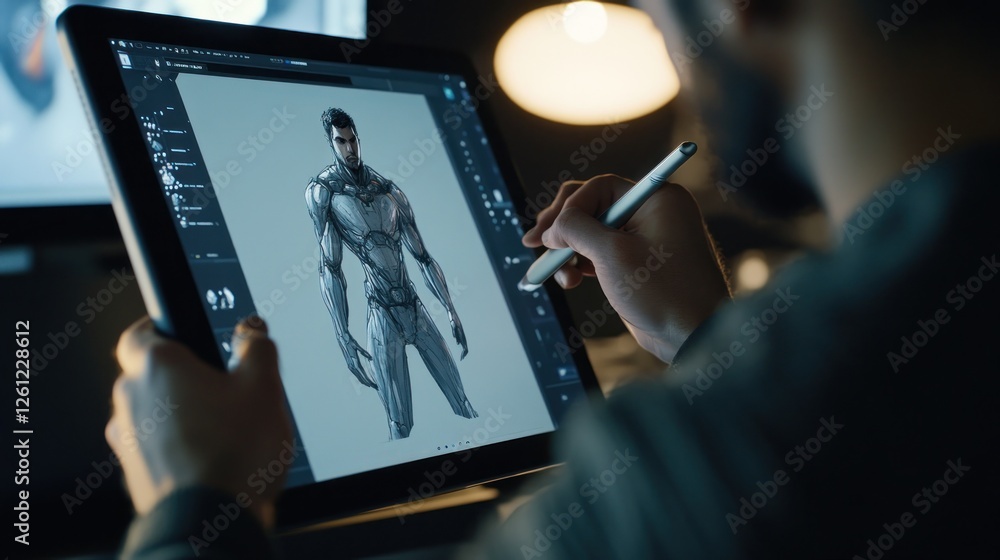 Fototapeta premium Digital artist creating sci-fi character design on a tablet display