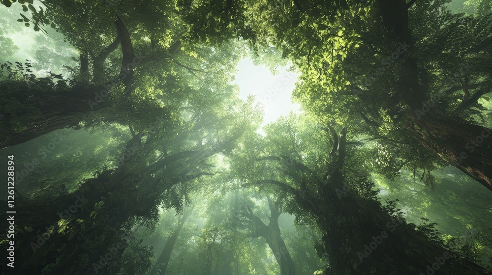Fototapeta premium Looking Up In Beautiful Pine Deciduous Forest Trees Woods Canopy. Bottom View Wide Angle Background. Greenwood Forest. Trunks And Branches With Fresh Spring Lush.